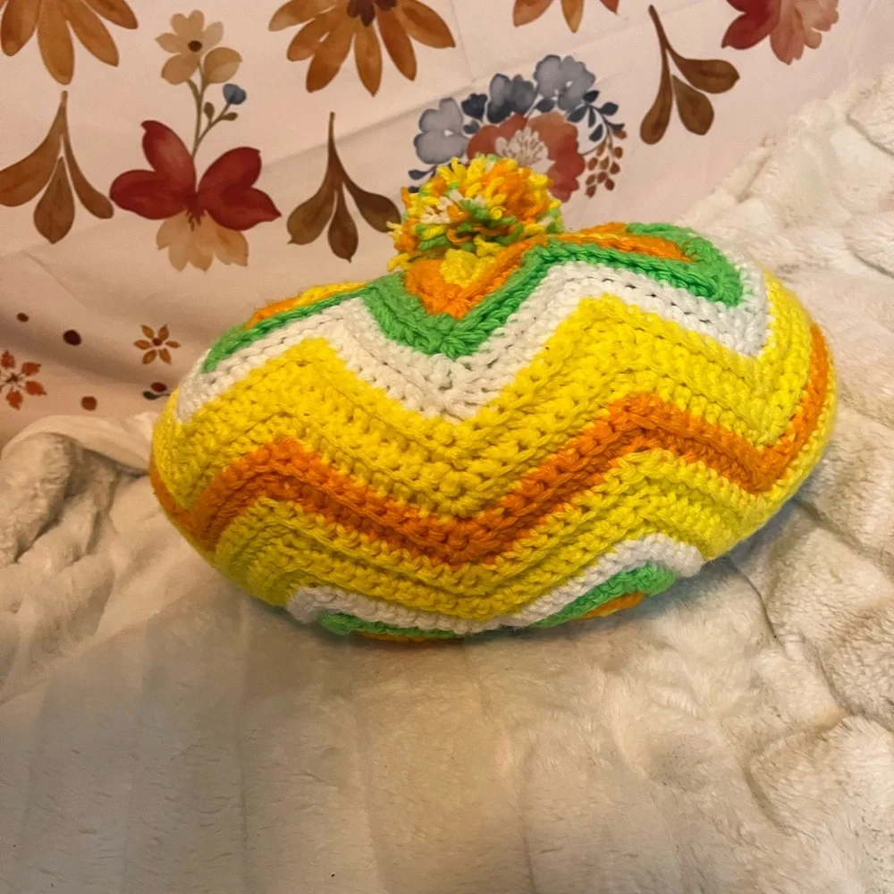 VTG Crochet Handmade Hippie Boho Yellow Green White Pom Decor Throw Neon Pillow